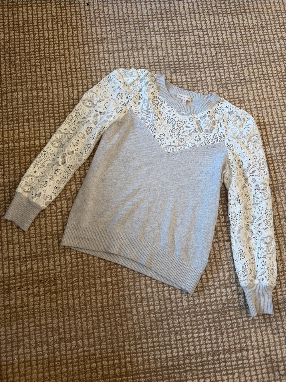 Rebecca Taylor Light Gray Crewneck Sweater with Cream Lace Insets